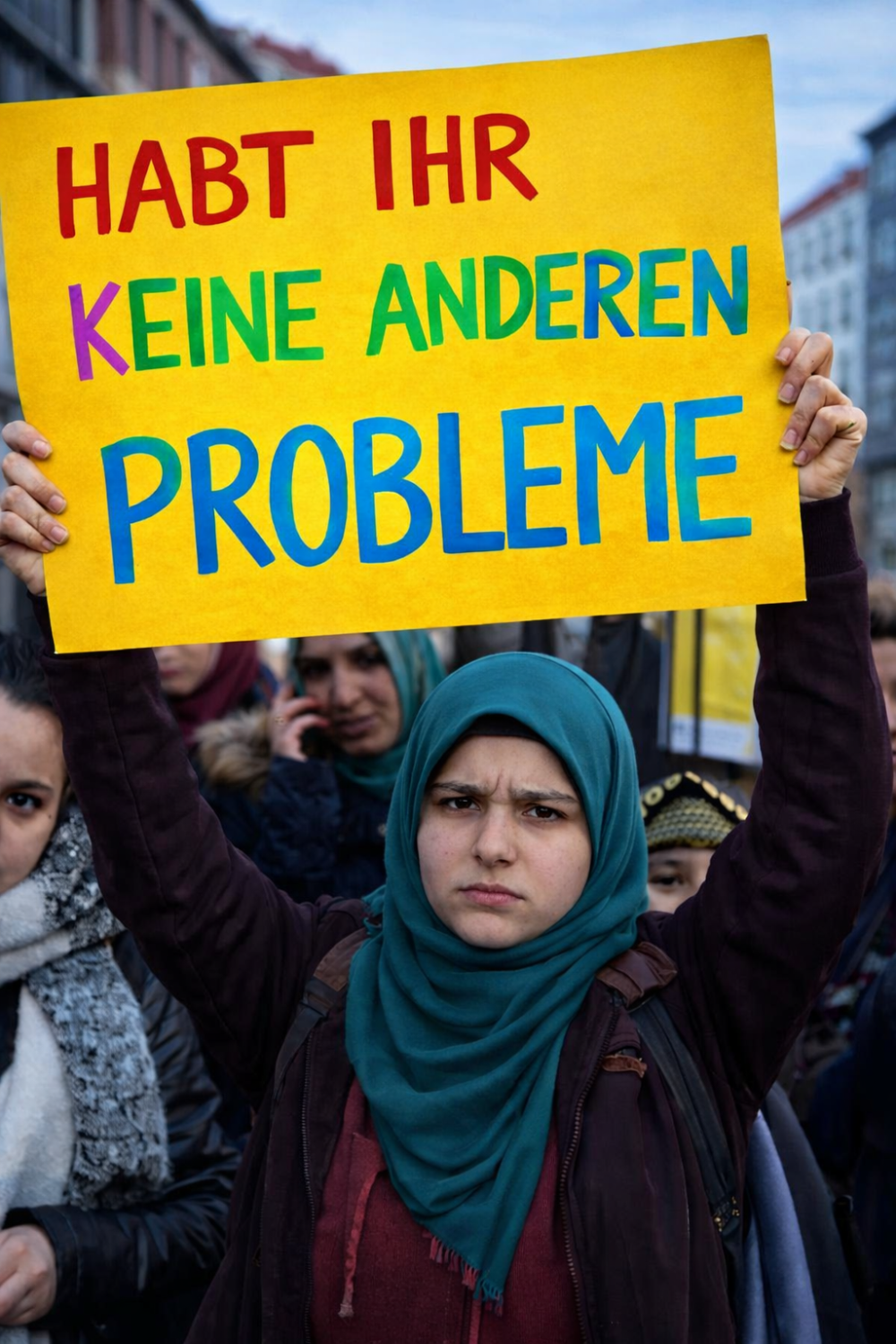 Junge Frau auf einer Demo mit Schild: HABT IHR KEINE ANDEREN PROBLEME